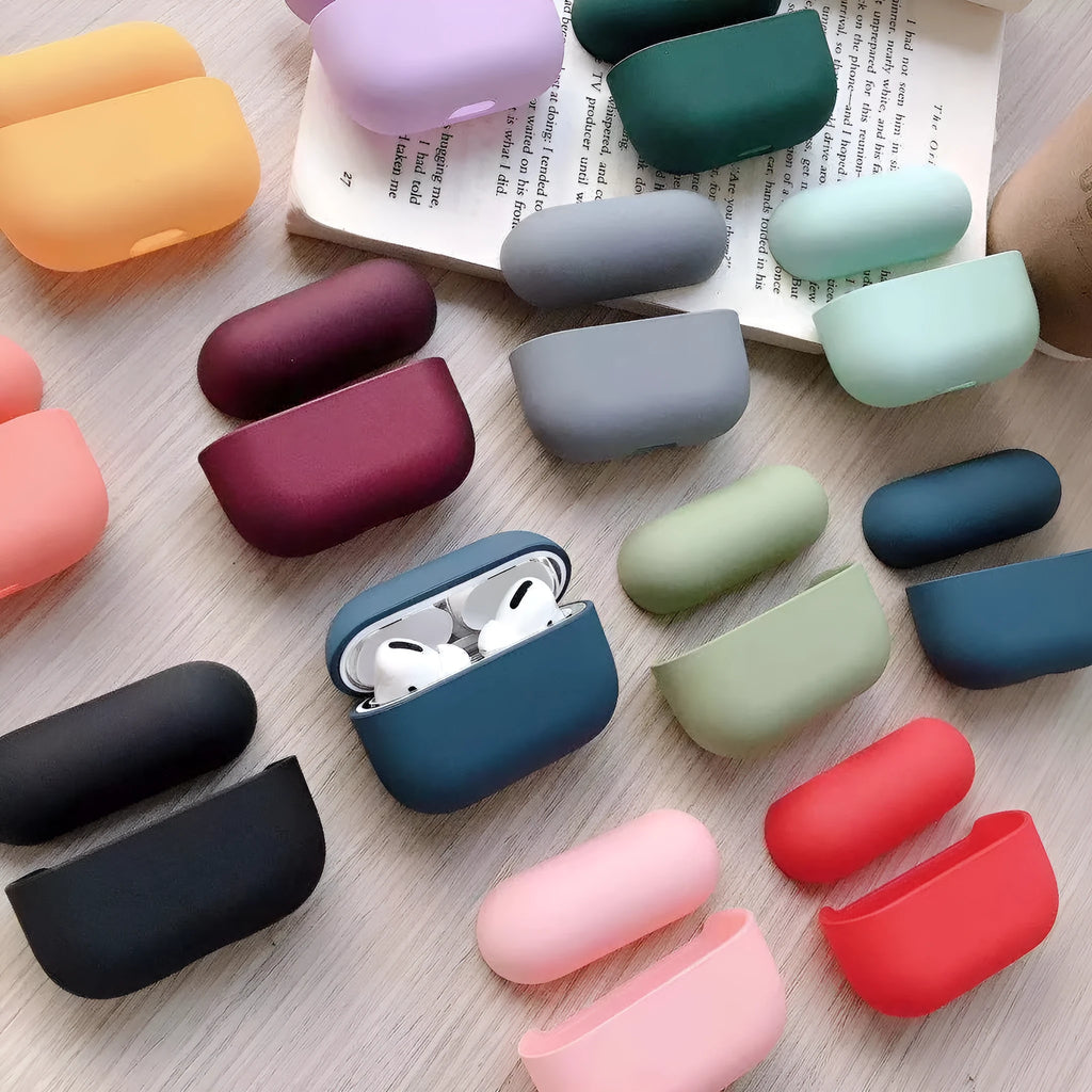 Plastic protective case for Apple AirPods Pro earphones shown in one of twelve available colours.