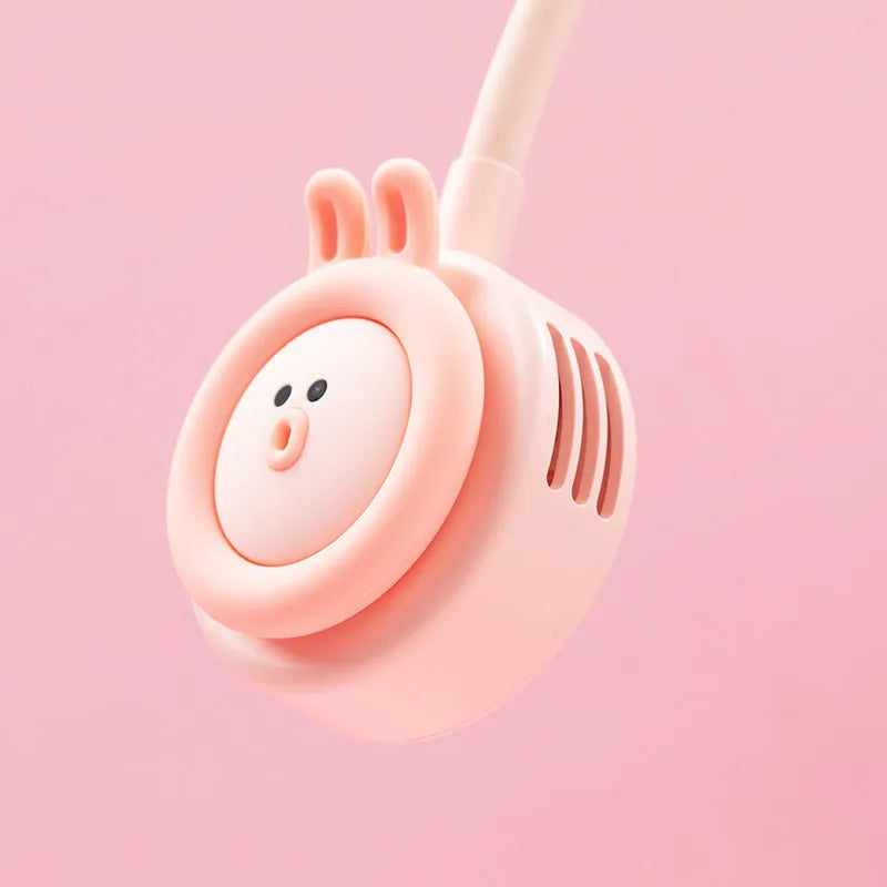 Pink and blue foldable leafless hanging neck fan with USB charging port