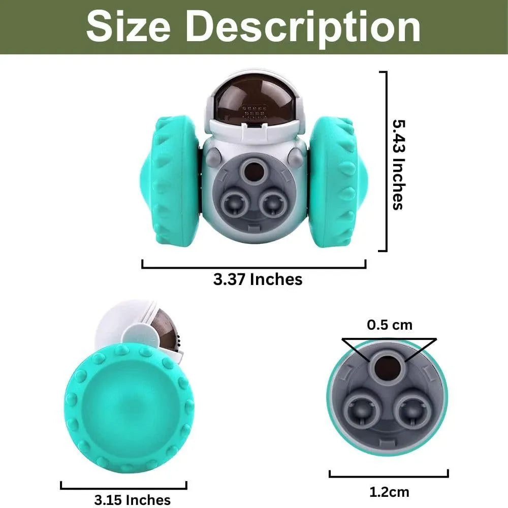 Robot-shaped interactive treat dispenser toy for small dogs and cats with self-balancing tumbler design