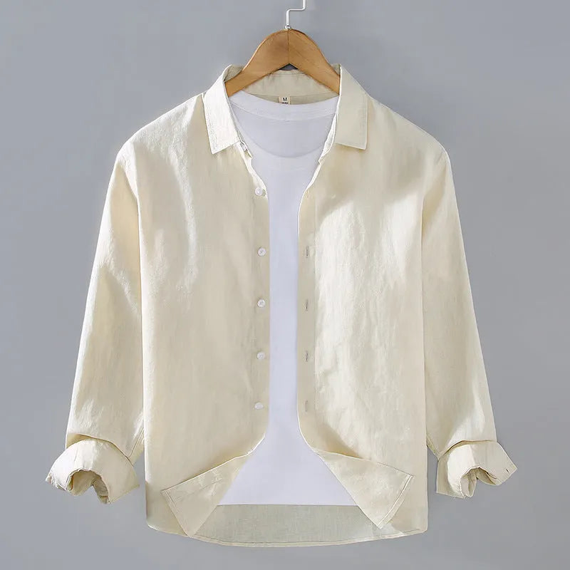 Men's pure linen cardigan-style shirt in solid colours showing long sleeves and simple design