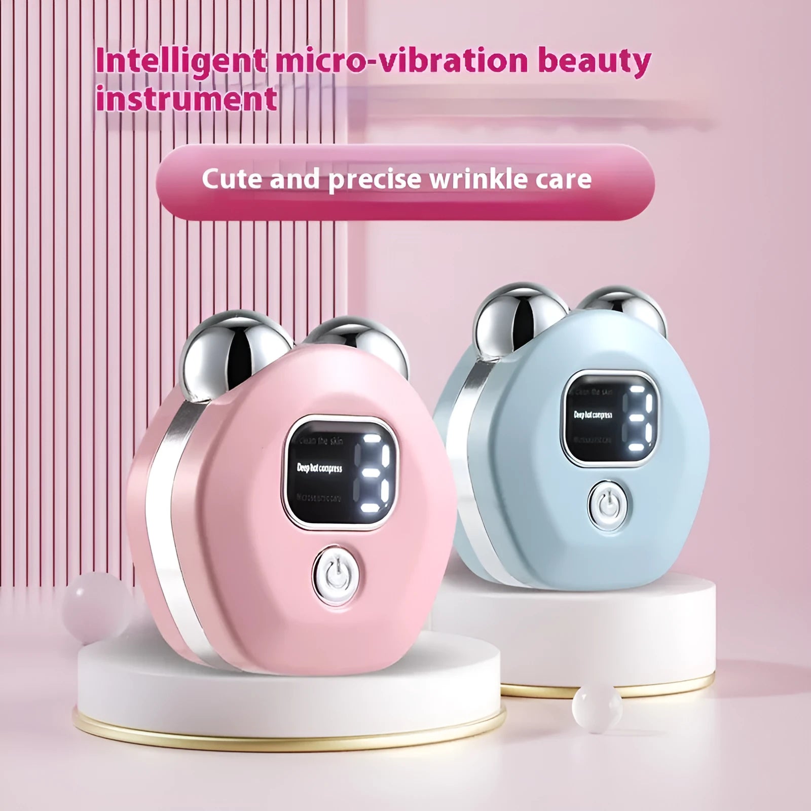 Portable hot compress charging facial massage instrument with double rollers in light blue colour