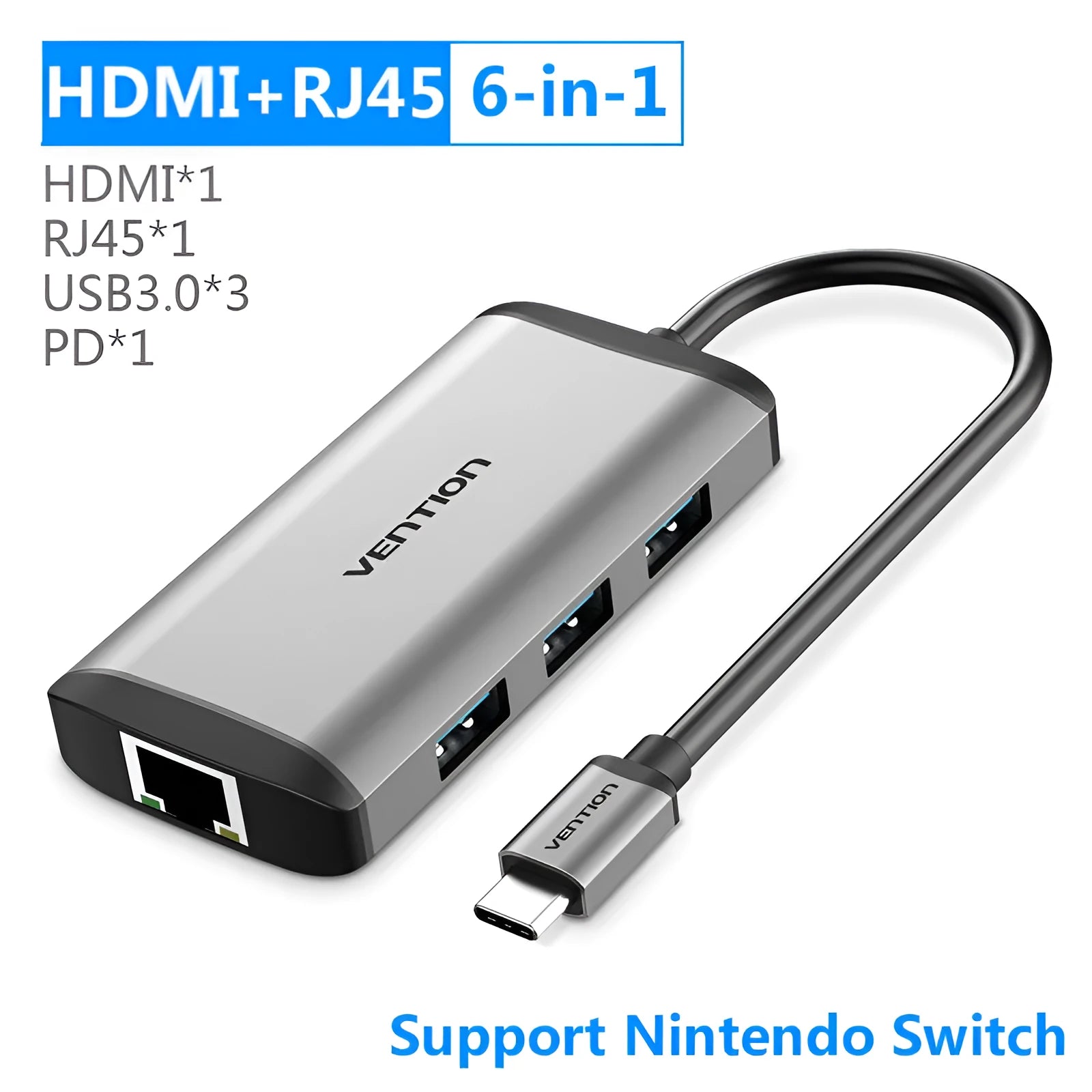 Deep grey USB C to HDMI adapter with multiple ports including ethernet and USB 3.0