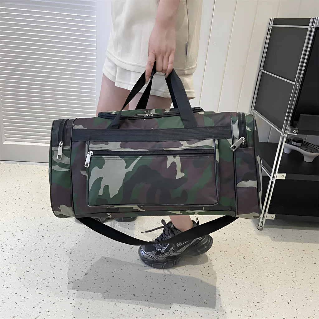 Camouflage pattern waterproof luggage bag with striped interior lining showing under 20L capacity