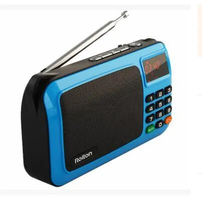 Rolton W405 portable FM radio speaker with MP3 playback in blue colour showing LED display and control buttons