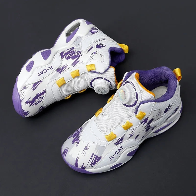 Kids rotating button running shoes in synthetic leather with waterproof lightweight design available in multiple colours and sizes 28-40