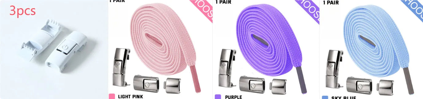Press lock elastic no-tie shoelaces with widened 8mm flat profile in assorted colours