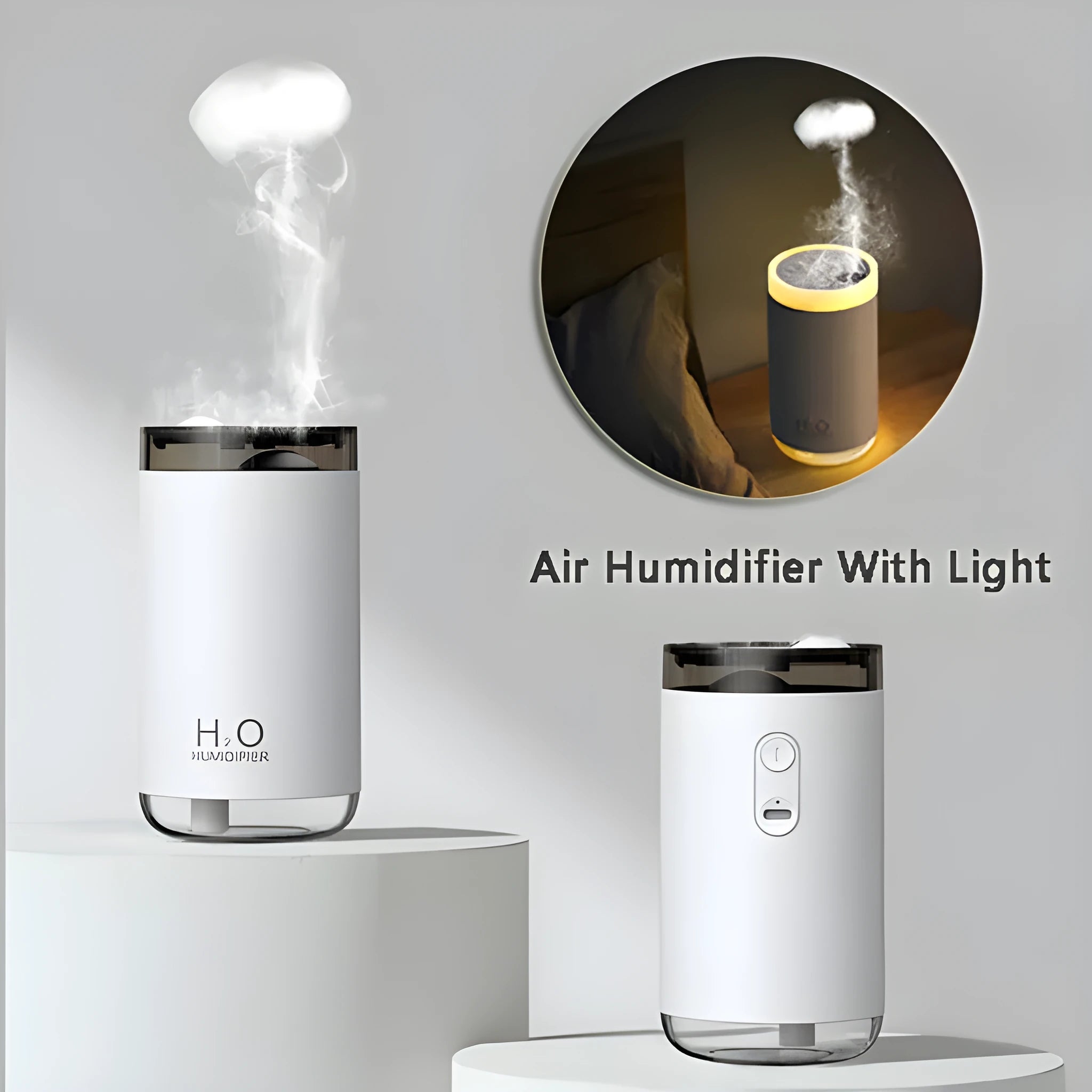 White jellyfish-shaped USB humidifier with warm night light on a wooden table.