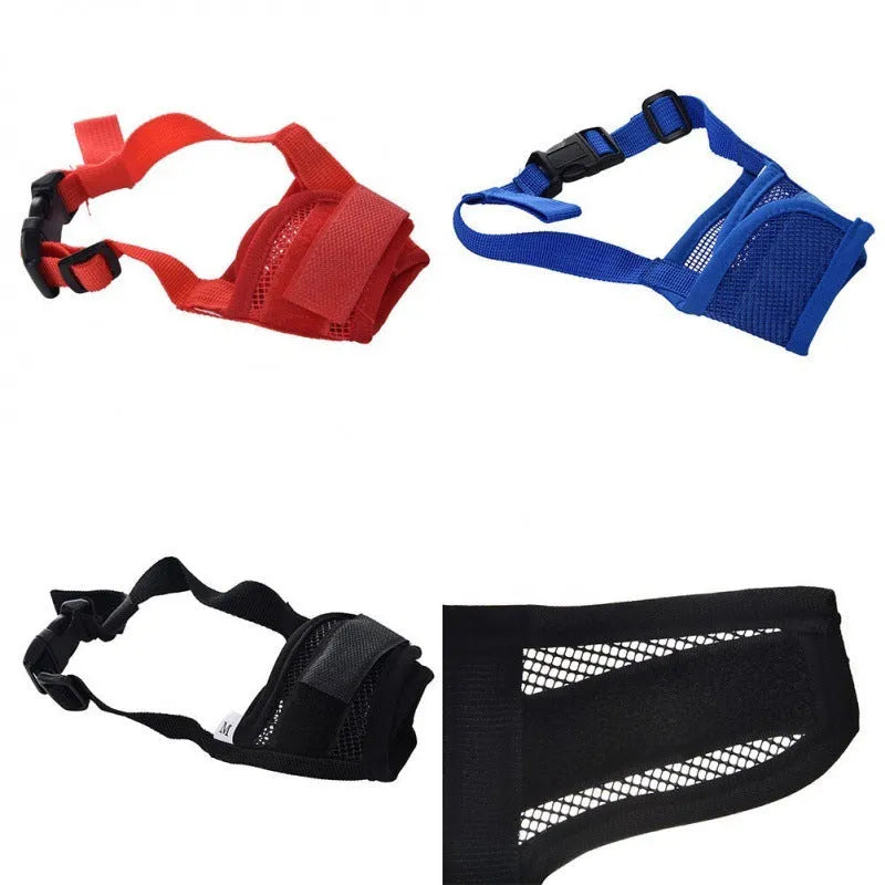 Adjustable plastic dog muzzle in black, shown on a size chart with measurements.