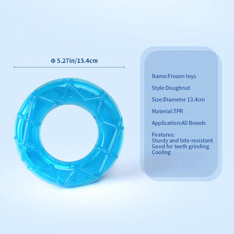 Three water-filled dog toys: a blue pacifier, a multicoloured popsicle, and an orange ring for freezing and chewing.