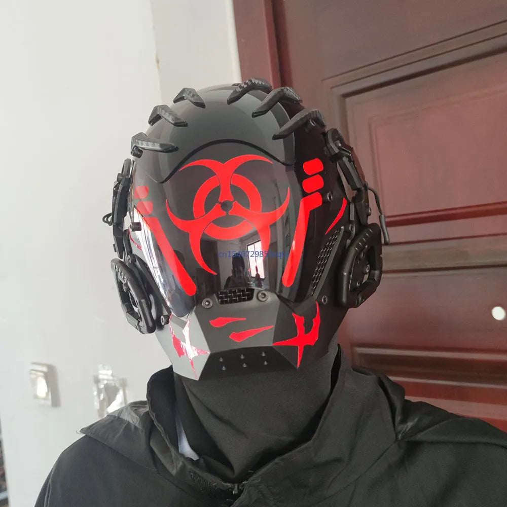 Black full-face sci-fi prop helmet with detailed bioweapon tech sculpted design