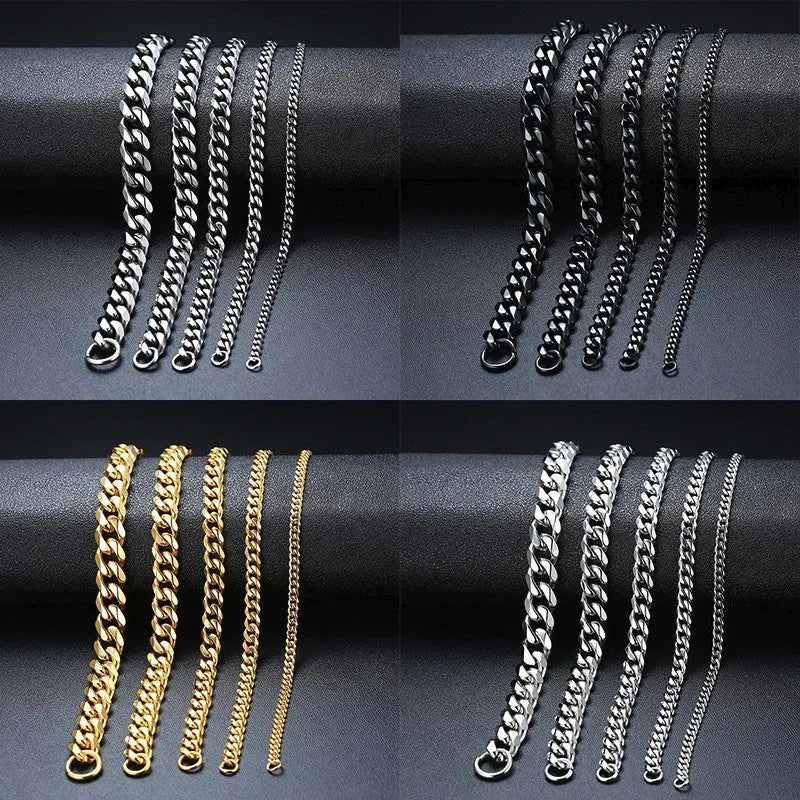 Six-sided geometric gold Cuban link chain metal bracelet showing multiple width and colour options