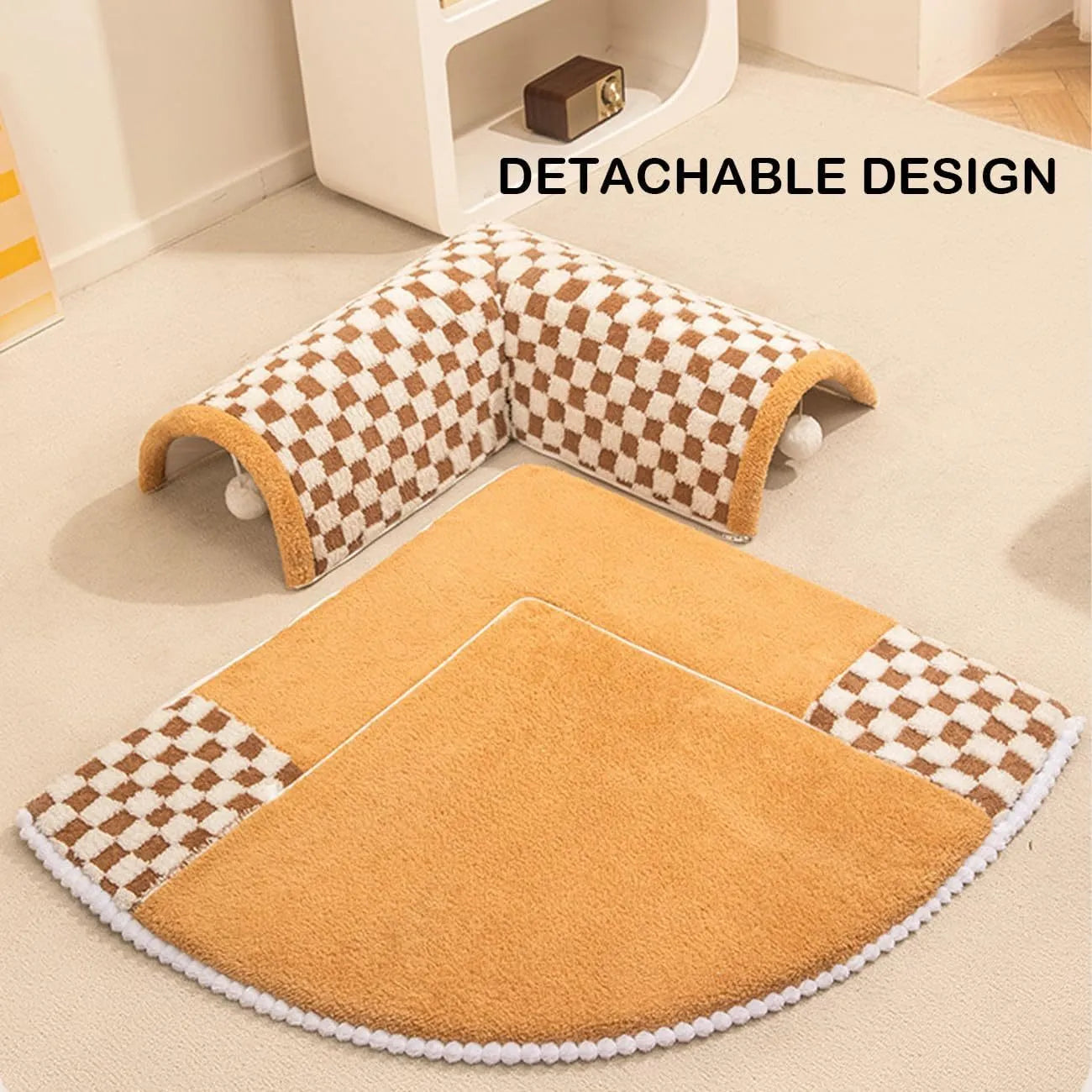 Fan-shaped plush pet bed with integrated tunnel for cats and dogs in Coffee colour, showing thick mat and anti-slip base.