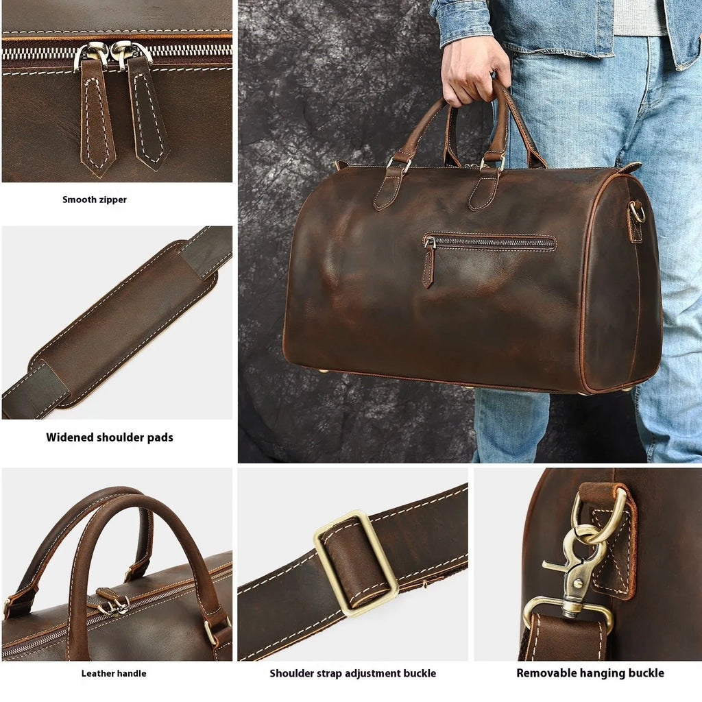 Large vintage brown leather crossbody bag for men with shoulder strap.