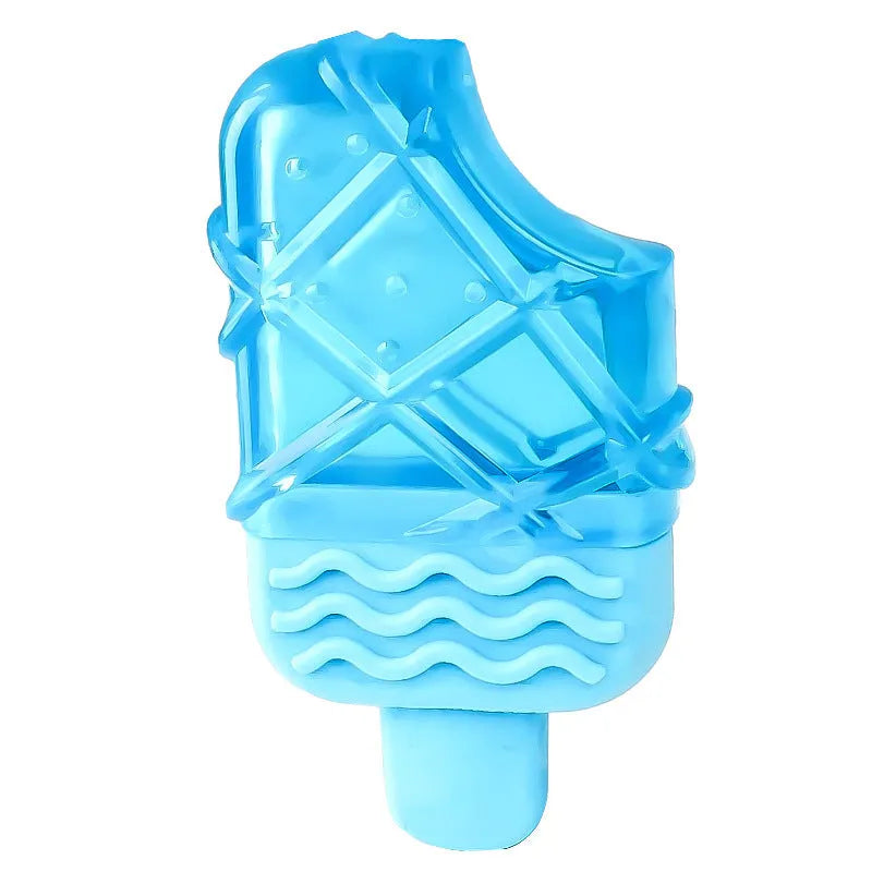 Three water-filled dog toys: a blue pacifier, a multicoloured popsicle, and an orange ring for freezing and chewing.