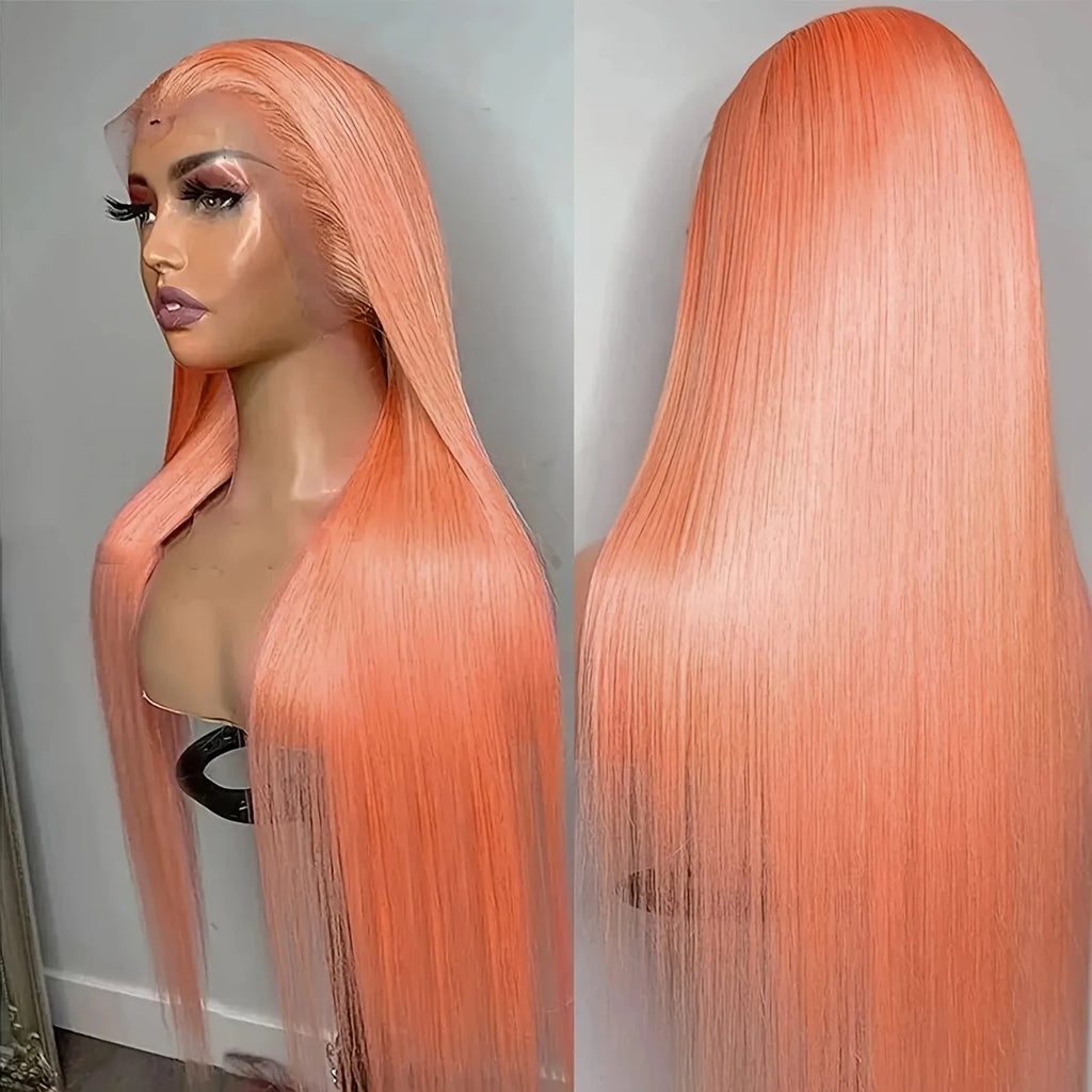 Light orange long straight synthetic wig with front lace and side bangs on a model.