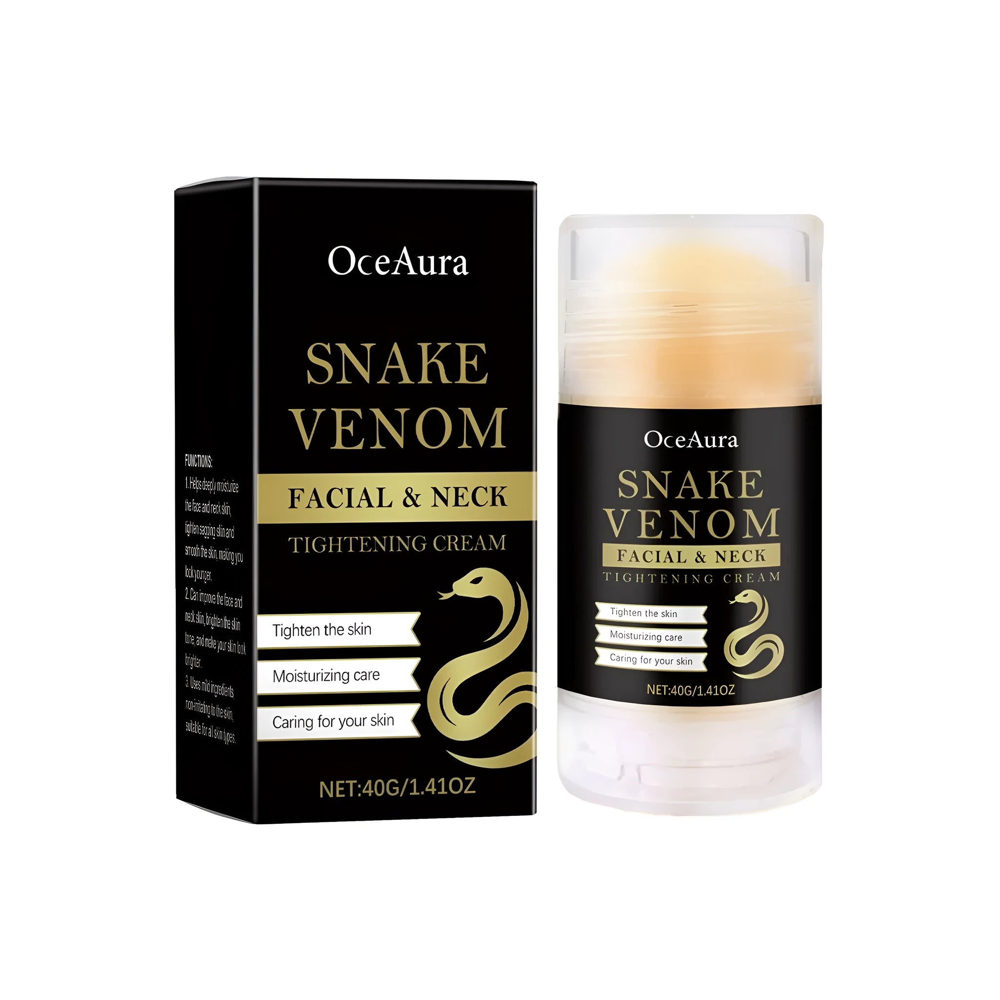 40g white tightening cream stick with synthetic snake venom peptide and vitamins C and E.
