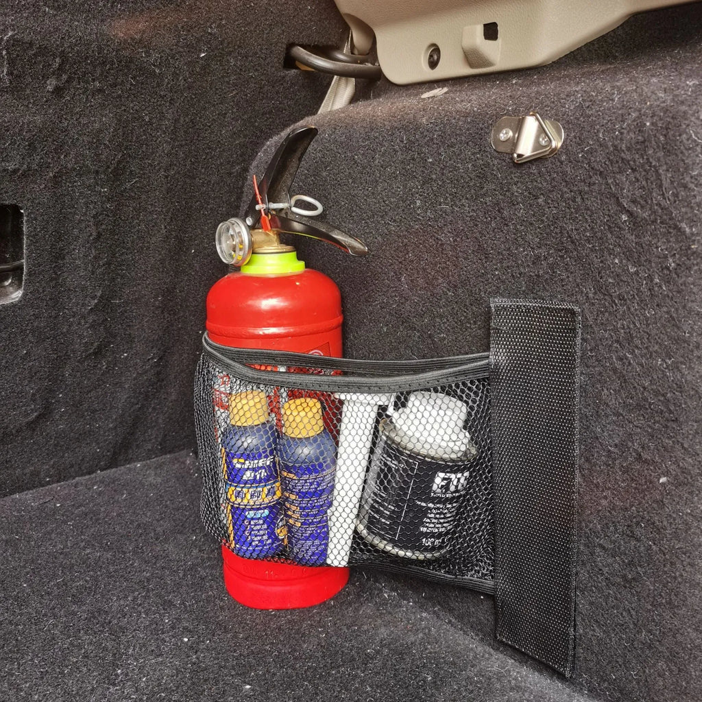 Elastic polyester storage net for securing items in a car boot, shown in 20x35cm and 20x45cm sizes.