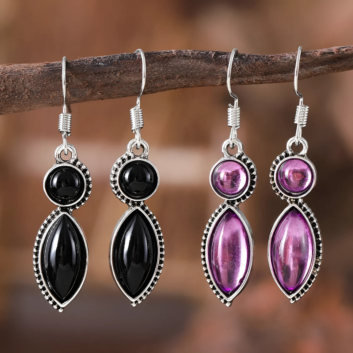 Vintage geometric zinc alloy pendant earrings with black and purple electroplated finish and round elements