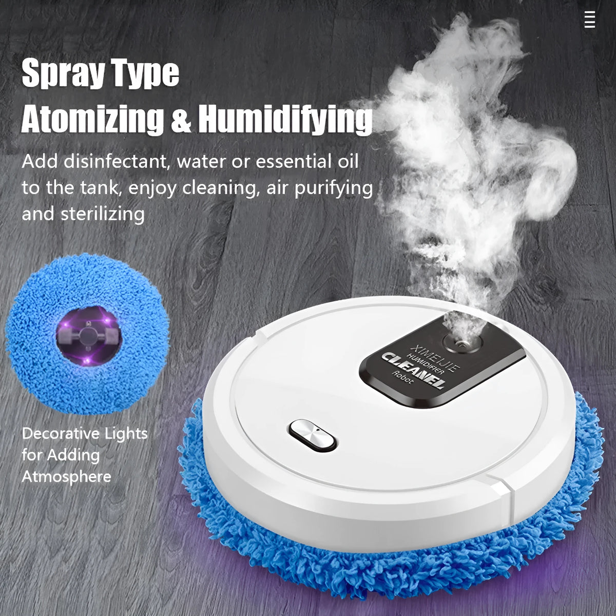 Automatic sweeping robot with wet and dry mopping cloths, 65mm slim body, and USB cable