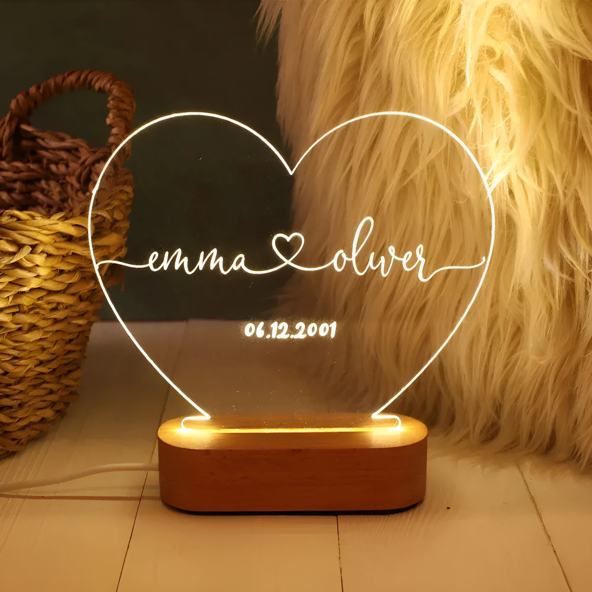 Custom acrylic LED night light with engraved names and date for bedroom