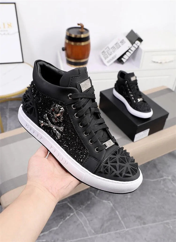 Men's black and red genuine leather skeleton high top shoes with round toe and lace-up closure