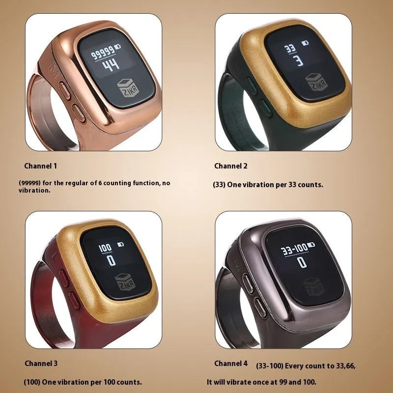 Al-Fatiha electronic Zikr counter on wrist in rose gold colour with digital display showing a count.