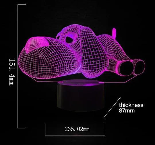 3D illusion dog desktop lamp showing seven colour options with touch button control