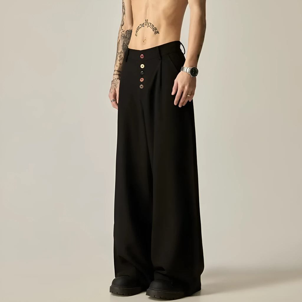 Men's solid colour polyester casual trousers with wide-leg design and elastic mid waist