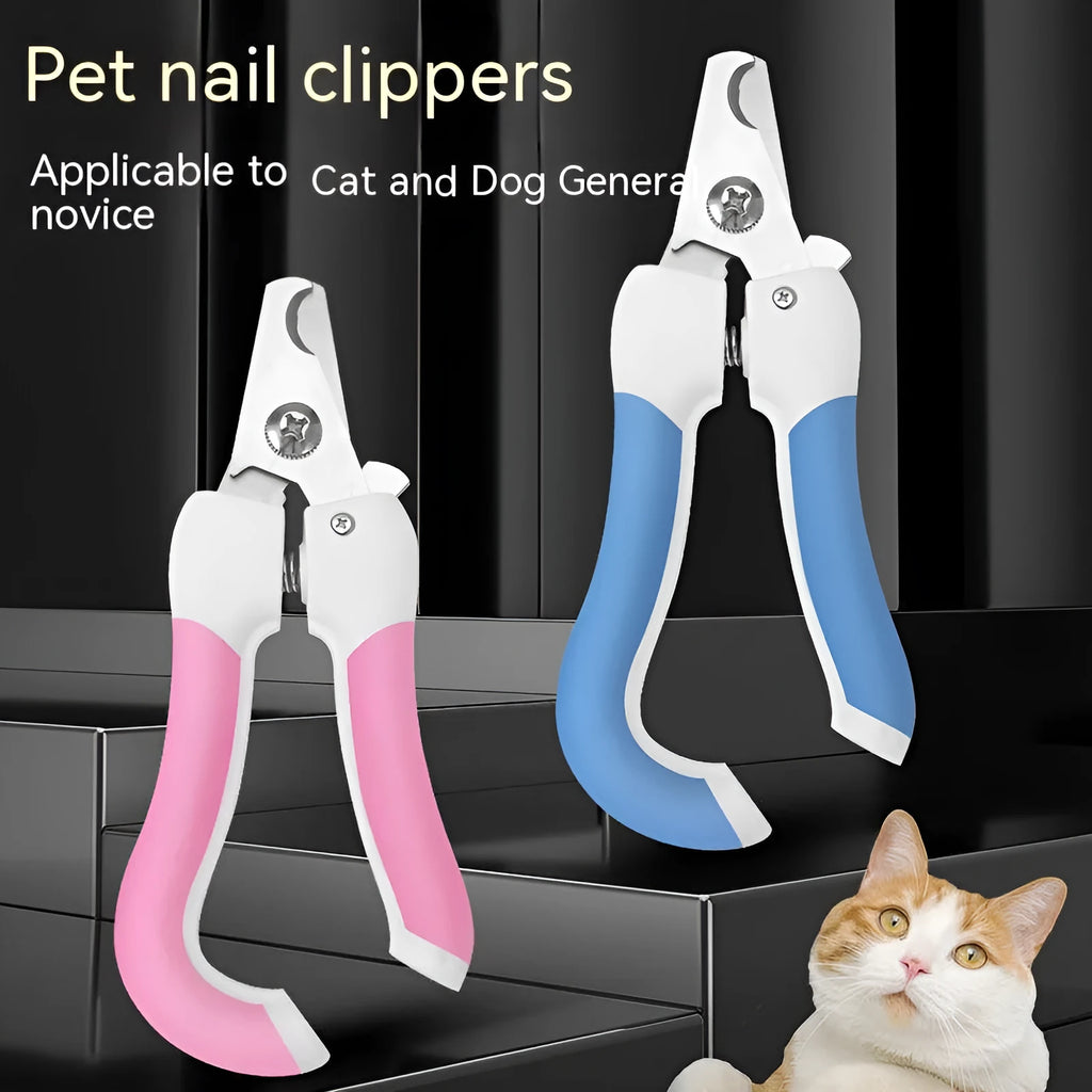 Pet nail scissors with curved handle, stainless steel cutter head, available in blue or pink small or large.