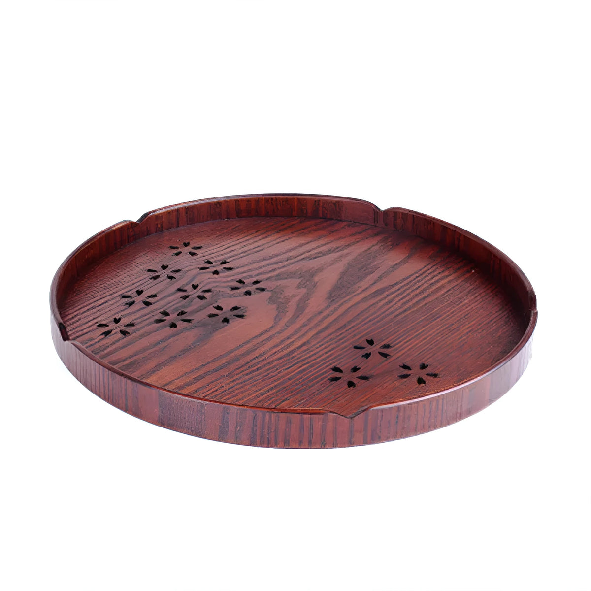 Wooden round shallow plate with hollow Sakura cherry blossom pattern, 30cm diameter.
