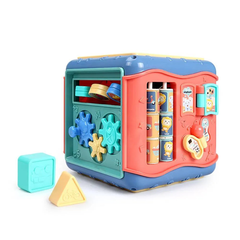 Baby hexahedron educational toy with six Montessori activity panels including bead maze and gear connections