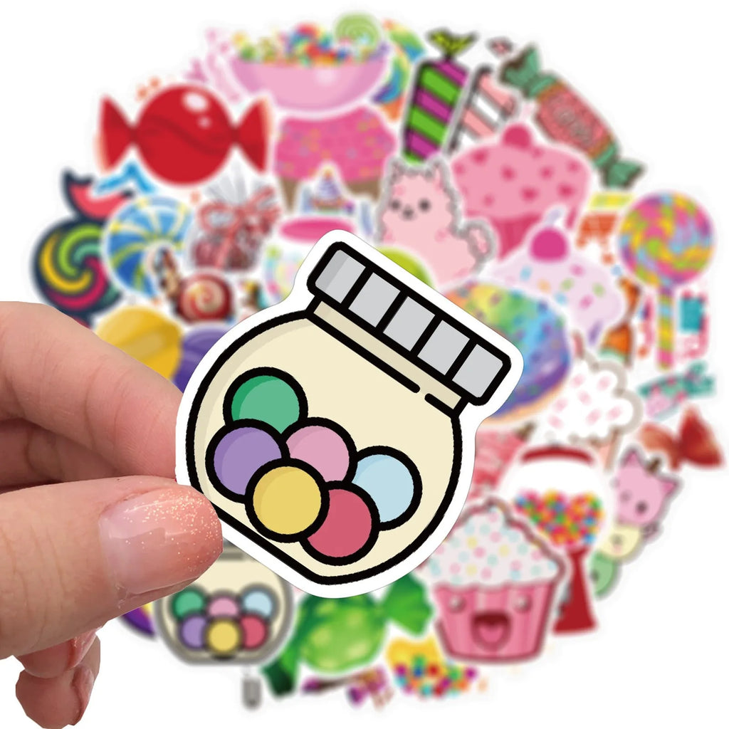 Pack of 50 colourful pink Candy series graffiti stickers with cartoon patterns for crafts.
