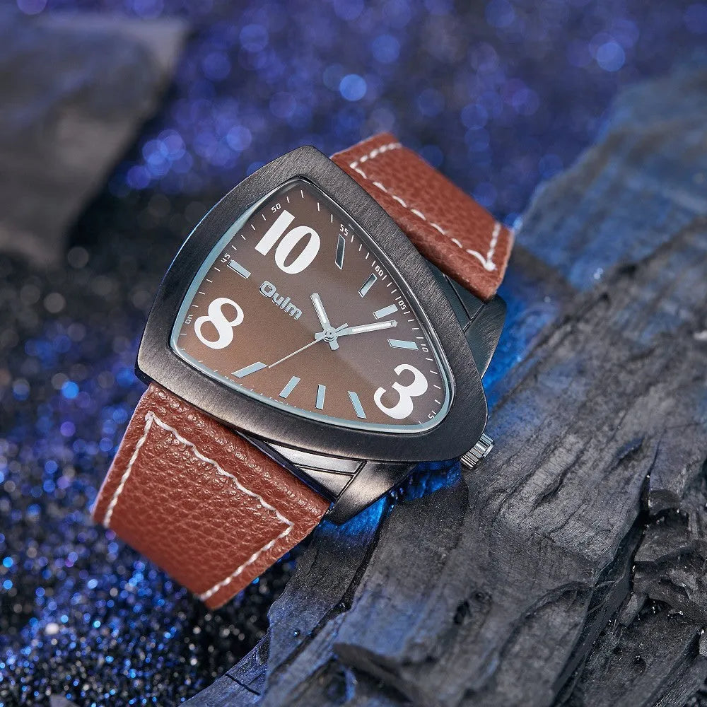 Men's brown casual quartz watch with a triangle belt on a wrist, showing slim 9mm profile.