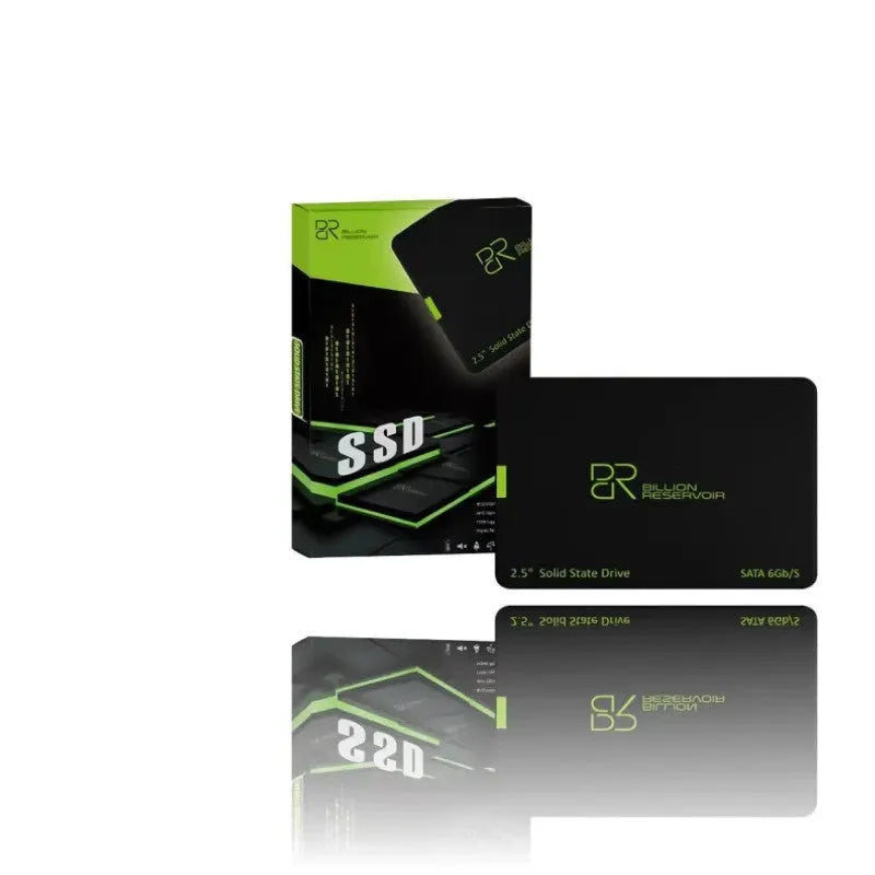 Black 2.5-inch SATA solid state drive showing front connector and capacity label