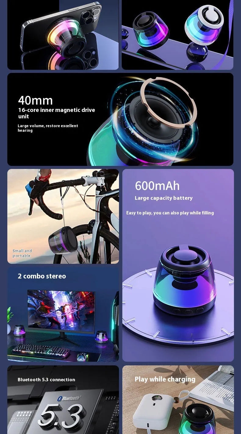 Compact white Bluetooth speaker with LED light on a magnetic base.