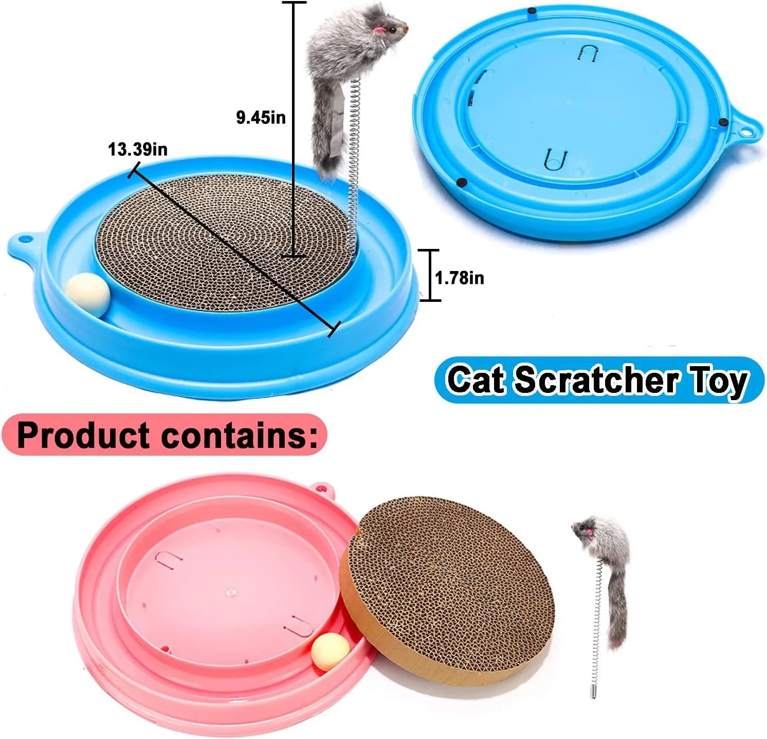 Blue interactive cat scratcher toy with a ball in a track and a corrugated cardboard scratch pad