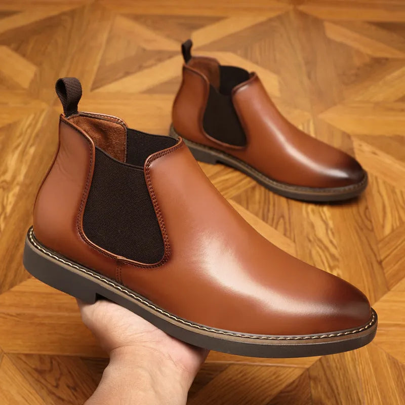 Men's black formal leather boots with pointed toe design and lace-up ankle