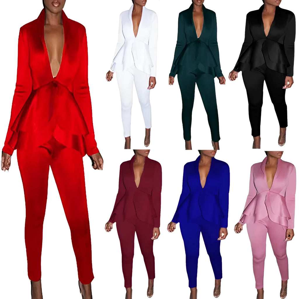 Two-piece polyester business uniform set with ruffled shirt and pencil pants