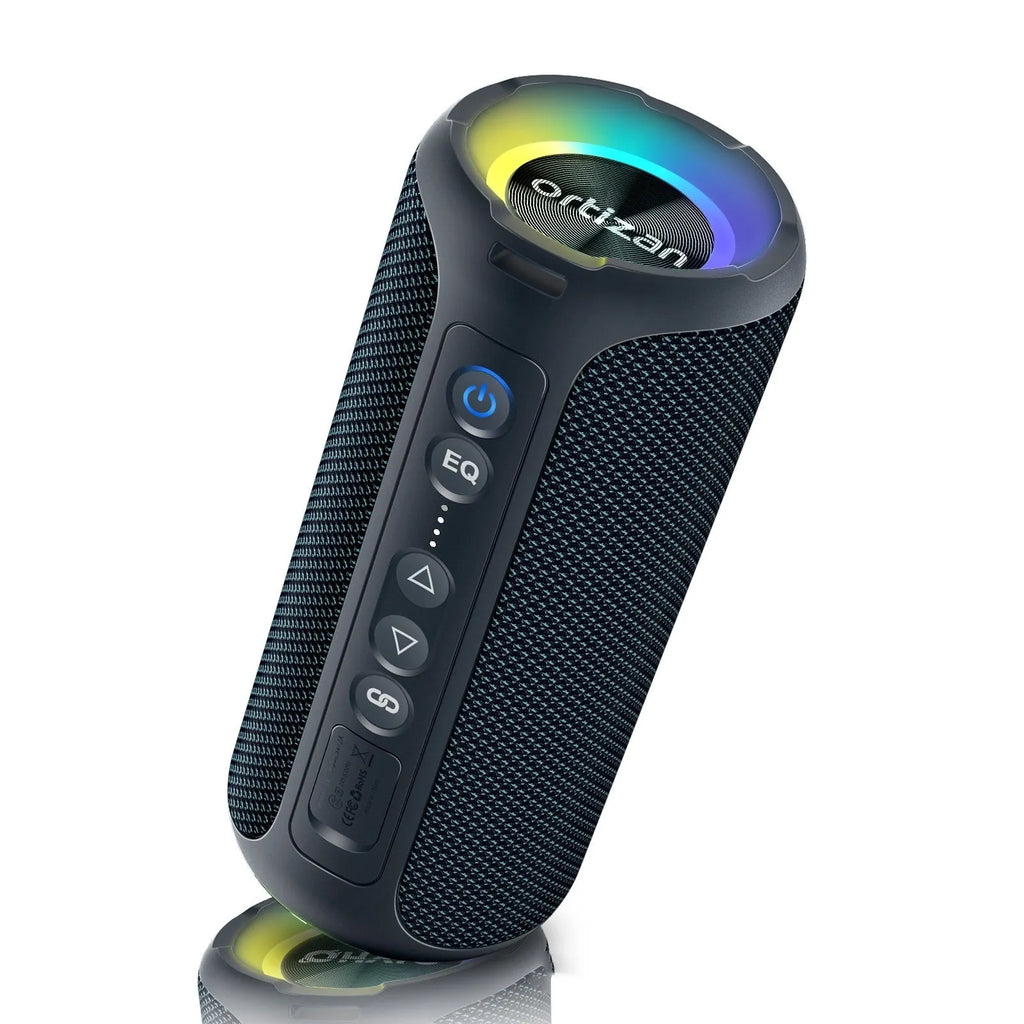Black and blue fabric wireless Bluetooth speaker with luminous lighting effects