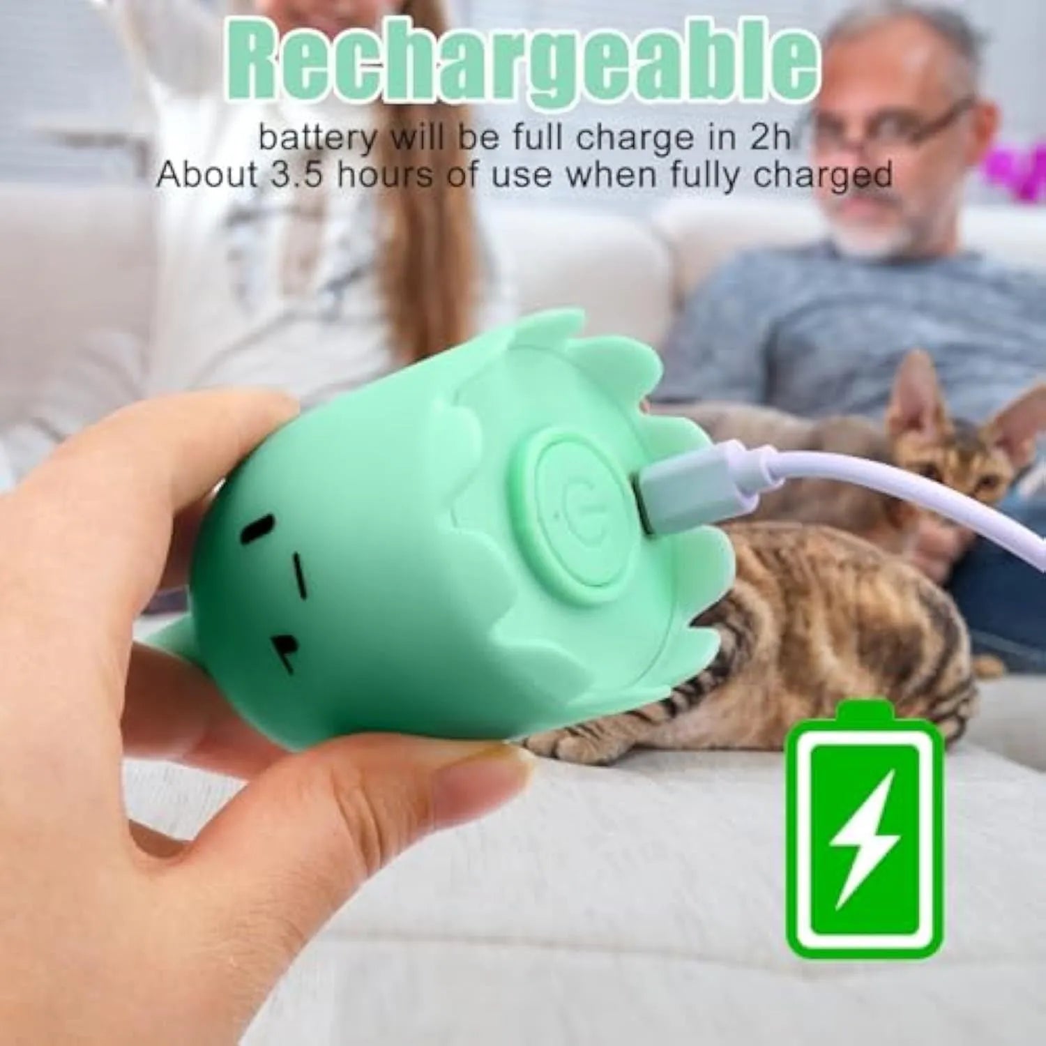Electronic cat wand toy with multiple swinging silicone tails in green colour