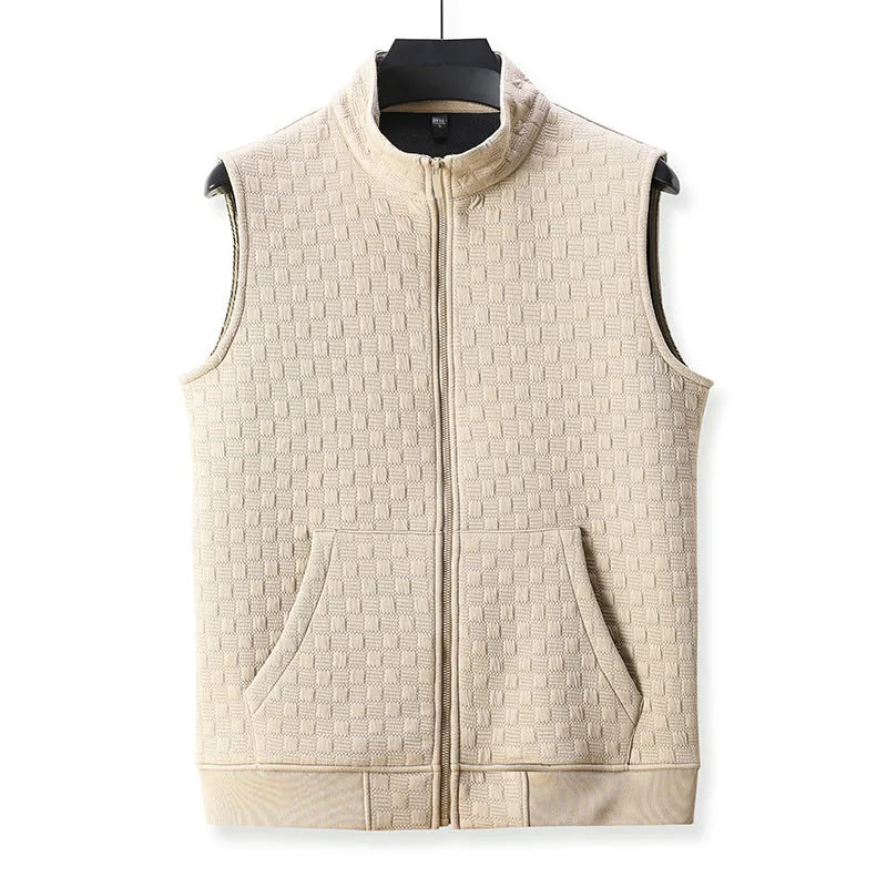 Men's grey sleeveless waistcoat vest, cardigan style, on a hanger.
