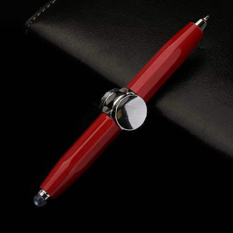 Metal ballpoint pen with integrated LED gyro spinner showing colour-changing lights during spinning