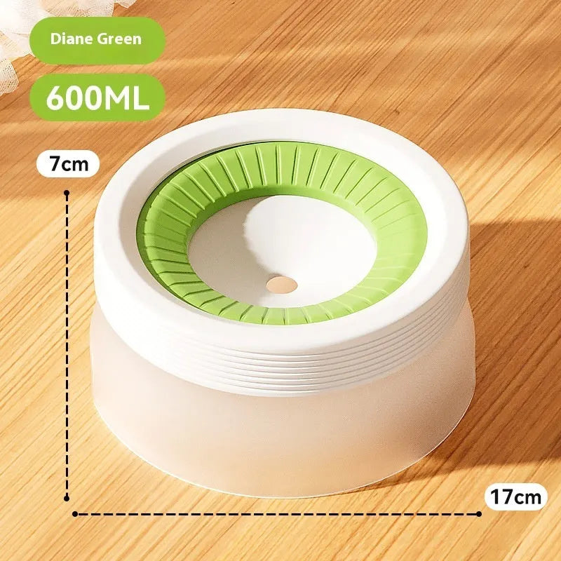 Green, blue, and brown pet suspension drinking bowl with separate base plate on a white background.