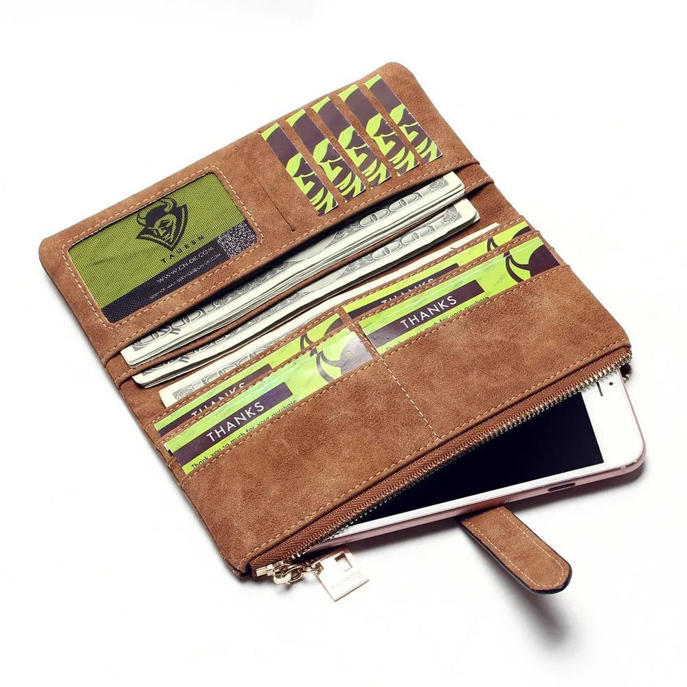 Korean retro matte leather long wallet open showing card slots, phone pocket, and two-fold design