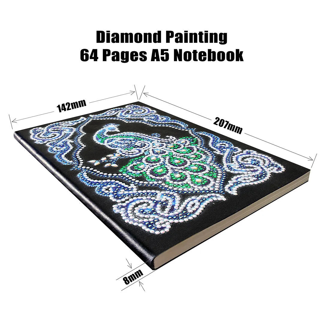 Black A5 diamond painting notebook with peacock design showing shaped and bright drill beads
