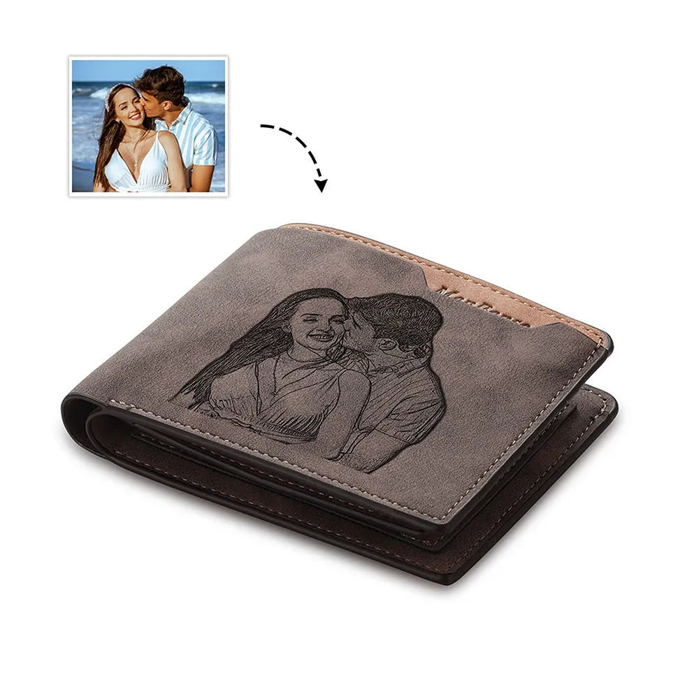 Coffee coloured engraved horizontal short PU wallet showing seven card slots.