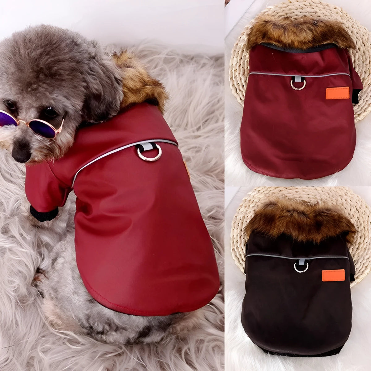 Reflective warm pet fur coat with fur collar in brown or red PU leather, sizes S to XXL