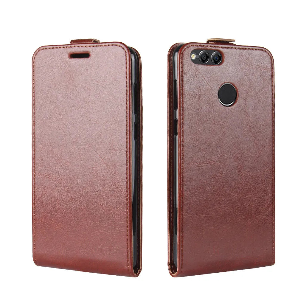 Huawei Honor 7X leather wallet phone case showing card slots and crazy horse pattern texture