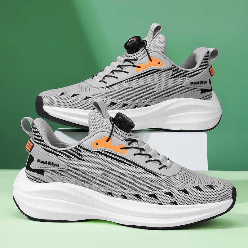 Men's white and green Fly-kit mesh running shoes with rotating buckle closure system on flat TPU sole