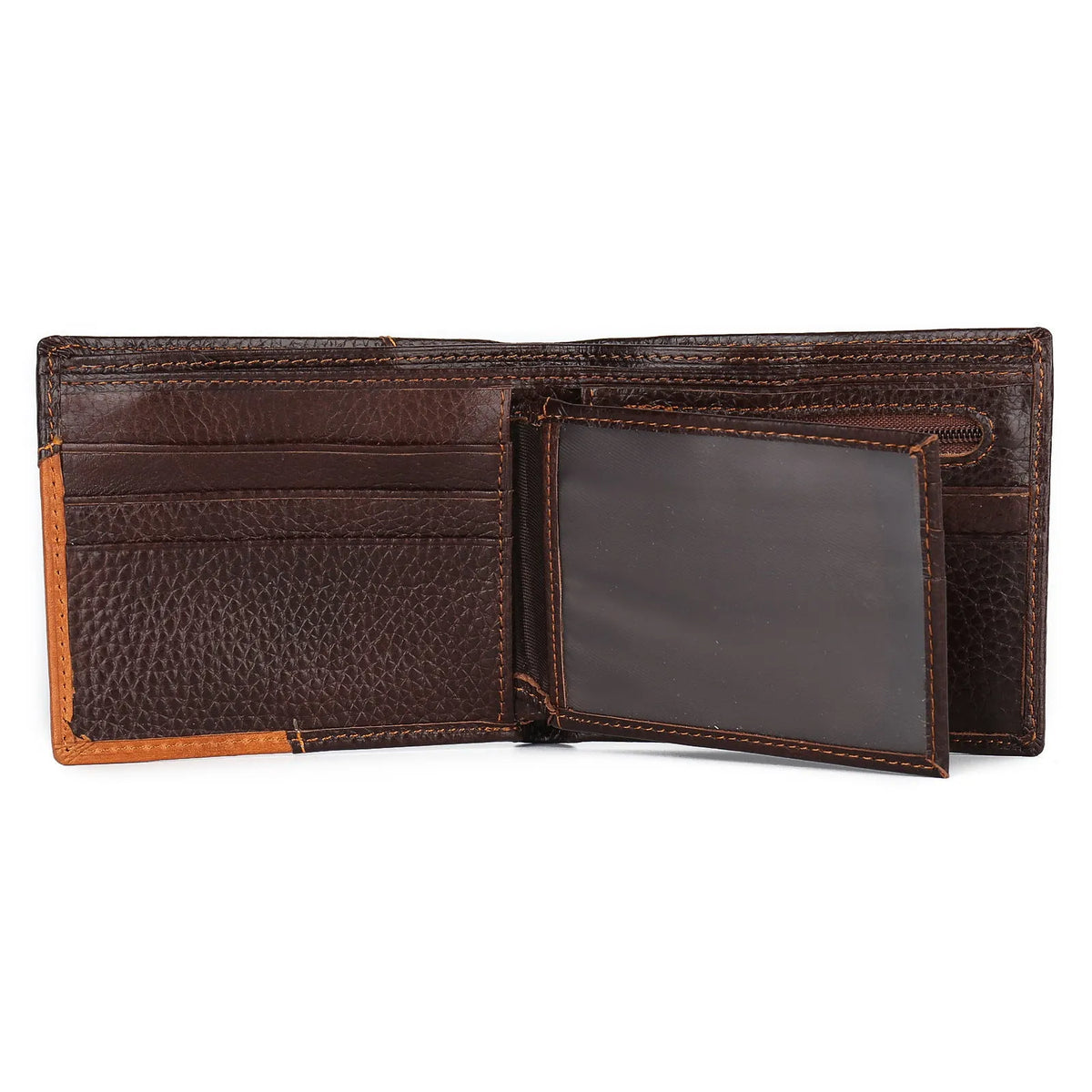 Short horizontal leather men's wallet with personality stitching detail, shown open to reveal internal card slots, bill holder, and zipper compartment.